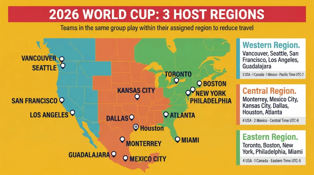 2026 World Cup 3 host regions map with all 16 cities and time zones